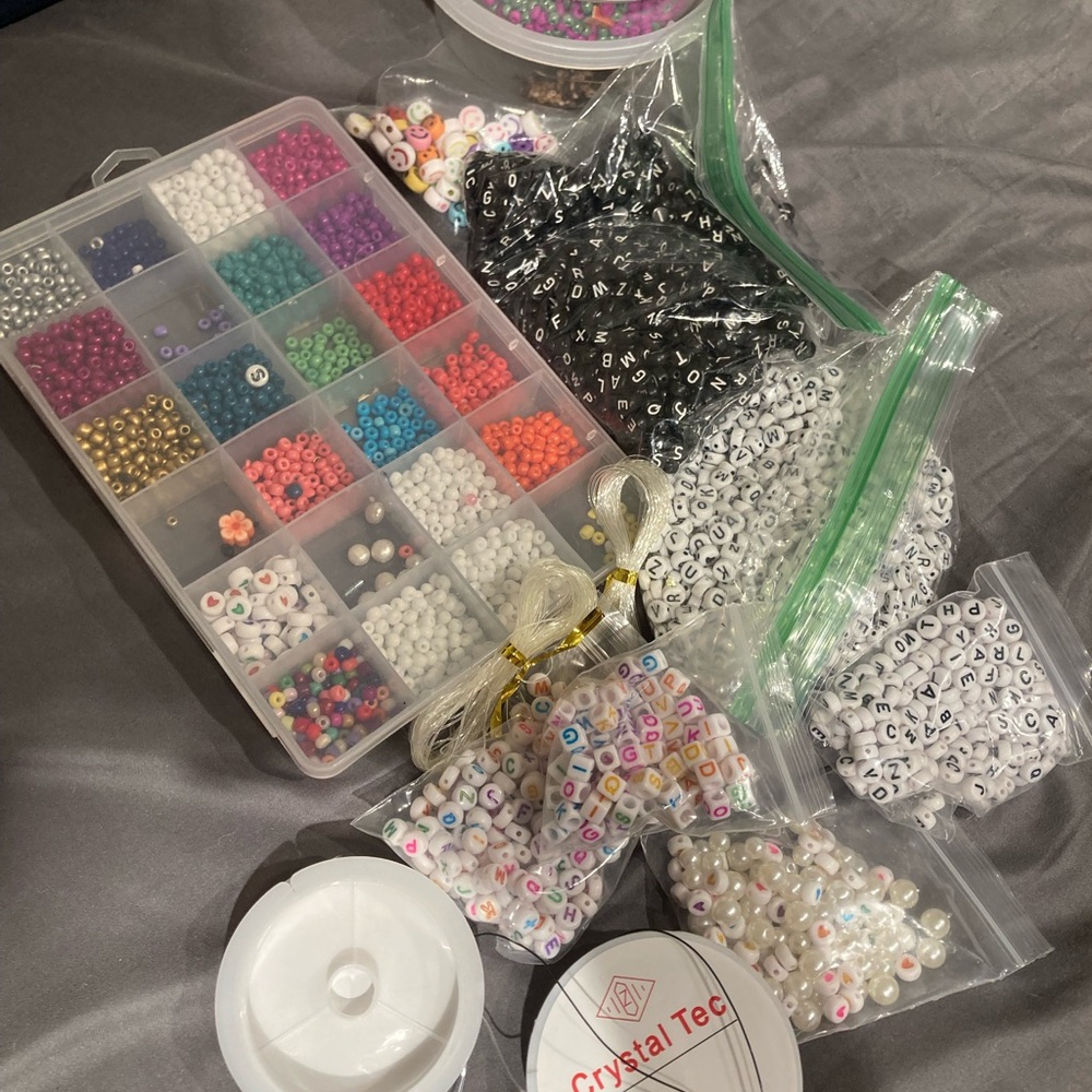 Assortment beads- letters, string, for friendship bracelet making